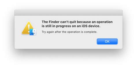 I'll suggest you to force <b>quit</b> <b>Finder</b> or run Activity Monitor and shutdown the process which takes more than 65-70% in CPU pane. . The finder can39t quit because an operation is still in progress on an ios device